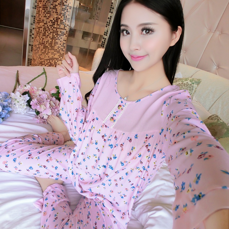 902新款棉绸睡衣女长袖春秋夏韩版宽松薄棉绵绸套装月子服人造棉家居