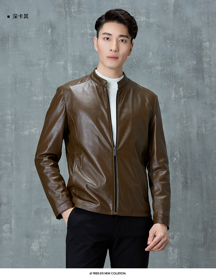 才子男装皮夹克男秋季款青年立领pu皮质纯色修身商务休闲皮质夹克外套