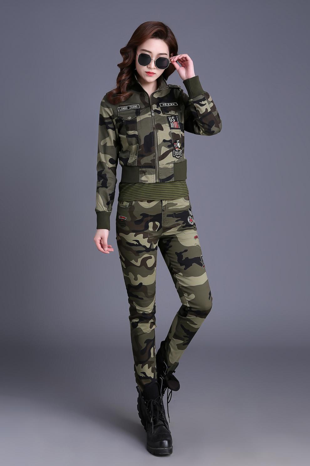 hoscene迷彩服女套装2018春秋修身迷彩服女套装户外运动休闲迷彩套装