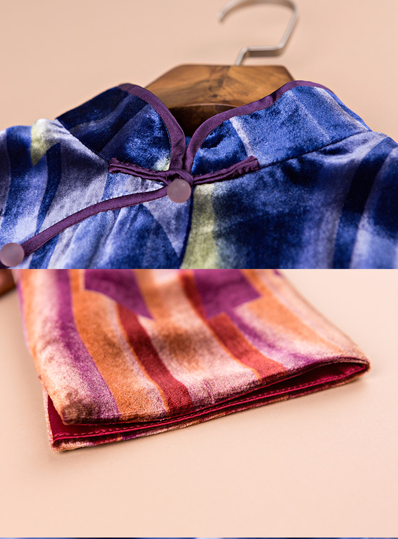 绣娘丝绸幽兰真丝绒旗袍女士中袖长款桑蚕丝绒面高档手工中式旗袍