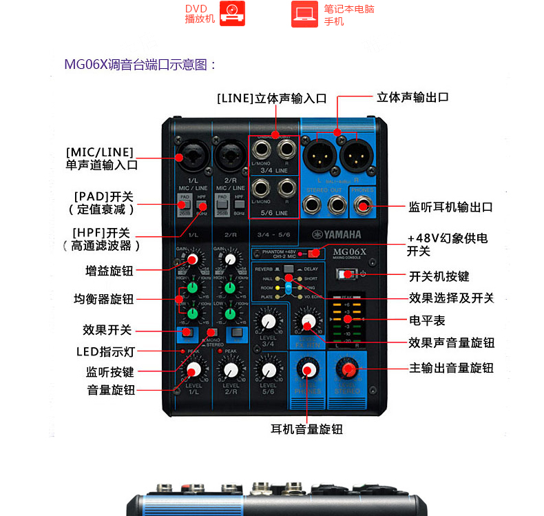 雅马哈yamahamg06x带效果器6路调音台专业音响设备模拟调音台金属外观