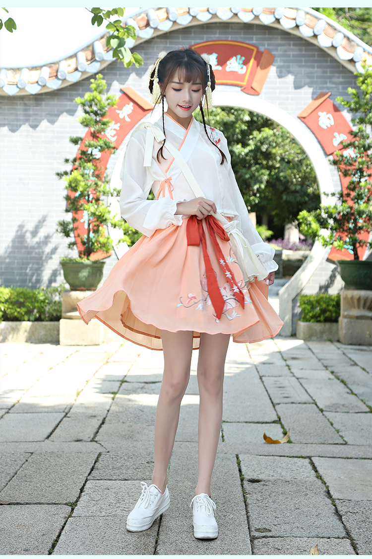 薇姬桑妮改良汉服女小狐狸刺绣花交领长袖无袖连衣裙套装学院风班服