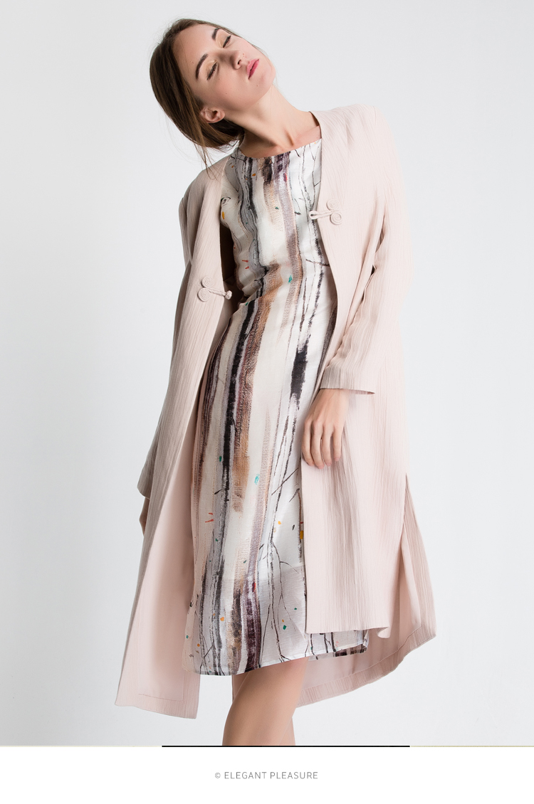 aline阿莱2018春季新款中长款盘扣桑蚕丝衬衫宽松亚麻外衣女