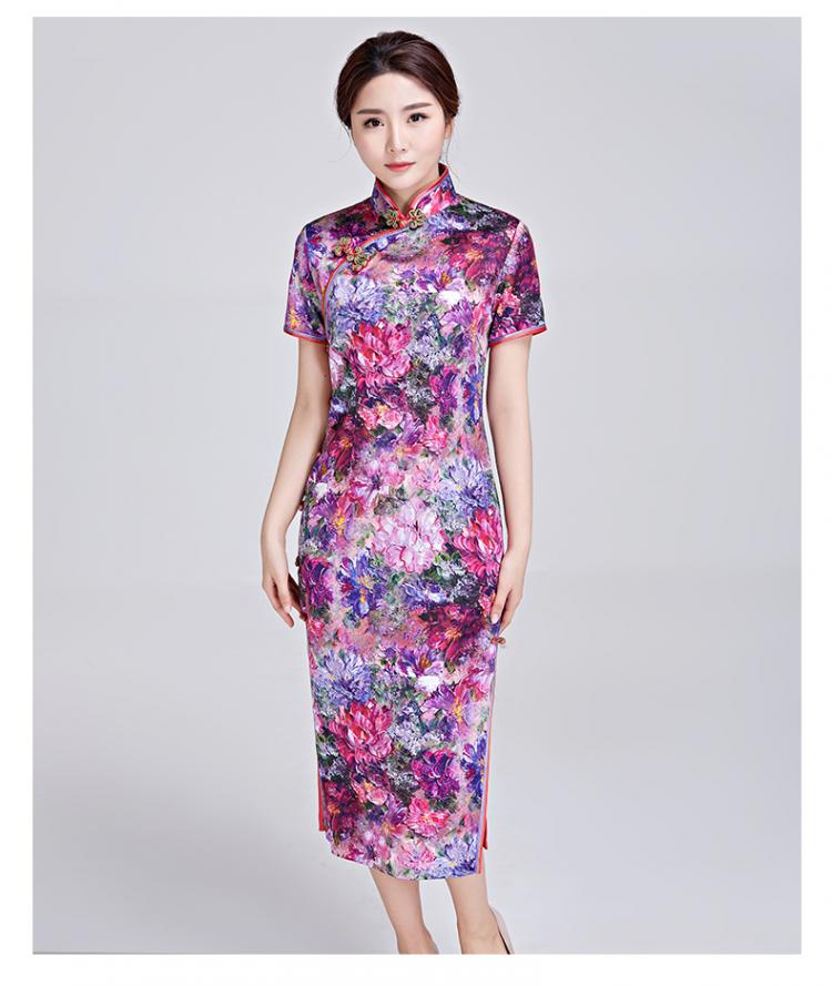 绣娘丝绸婉约江南桑蚕丝旗袍手工长款传统中式盘扣印花双层长旗袍