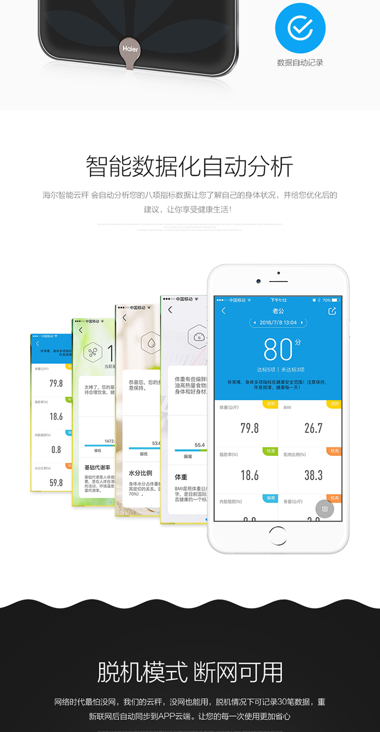 海尔（Haier）体脂秤TZC03-00 智能脂肪秤 人体称 精准体重 脂肪测BMI蓝牙 家用健康秤 黑色