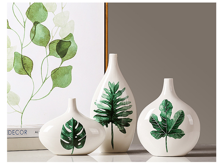 绿叶花瓶三件套创意摆件小清新干花插花容器客厅电视柜酒柜装饰品