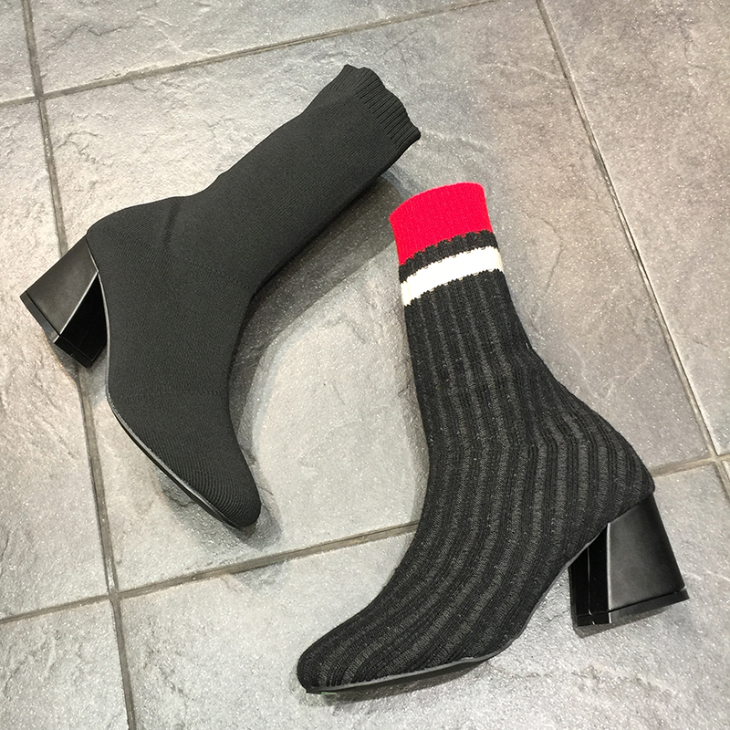 针织弹力套筒袜子靴条纹拼色马蹄跟中筒靴 caetient中筒靴型号【价格