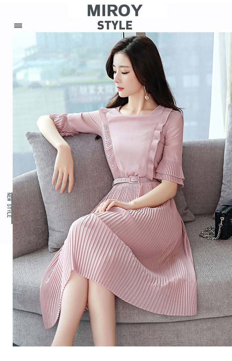 粉色夏天连衣裙女女士新品时尚气质淑女韩版显瘦收腰宽松中长款潮