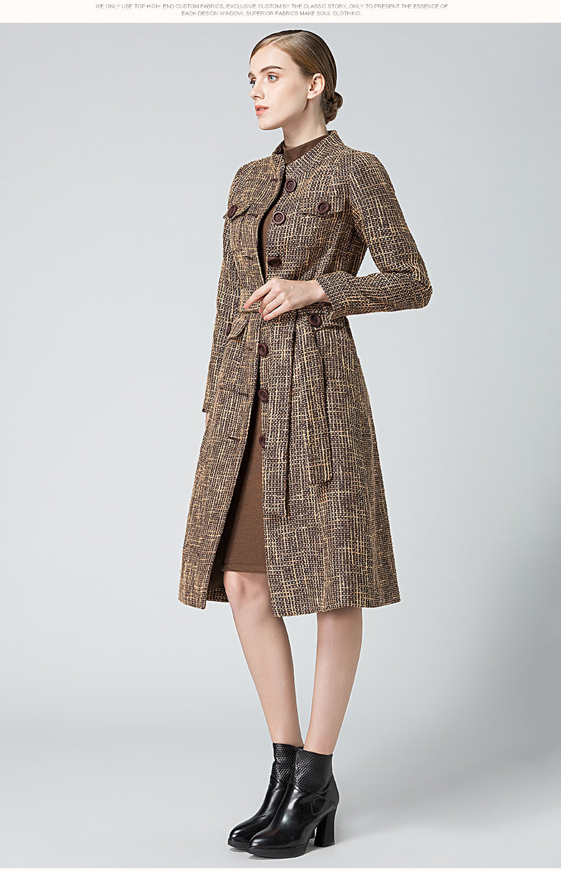 经典故事女装冬季时尚编织花呢大衣女舒适修身外套