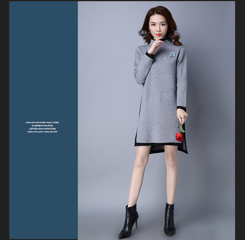 飘香2016秋季新款气质女装长袖开叉针织大码中长款套头连衣裙v3369