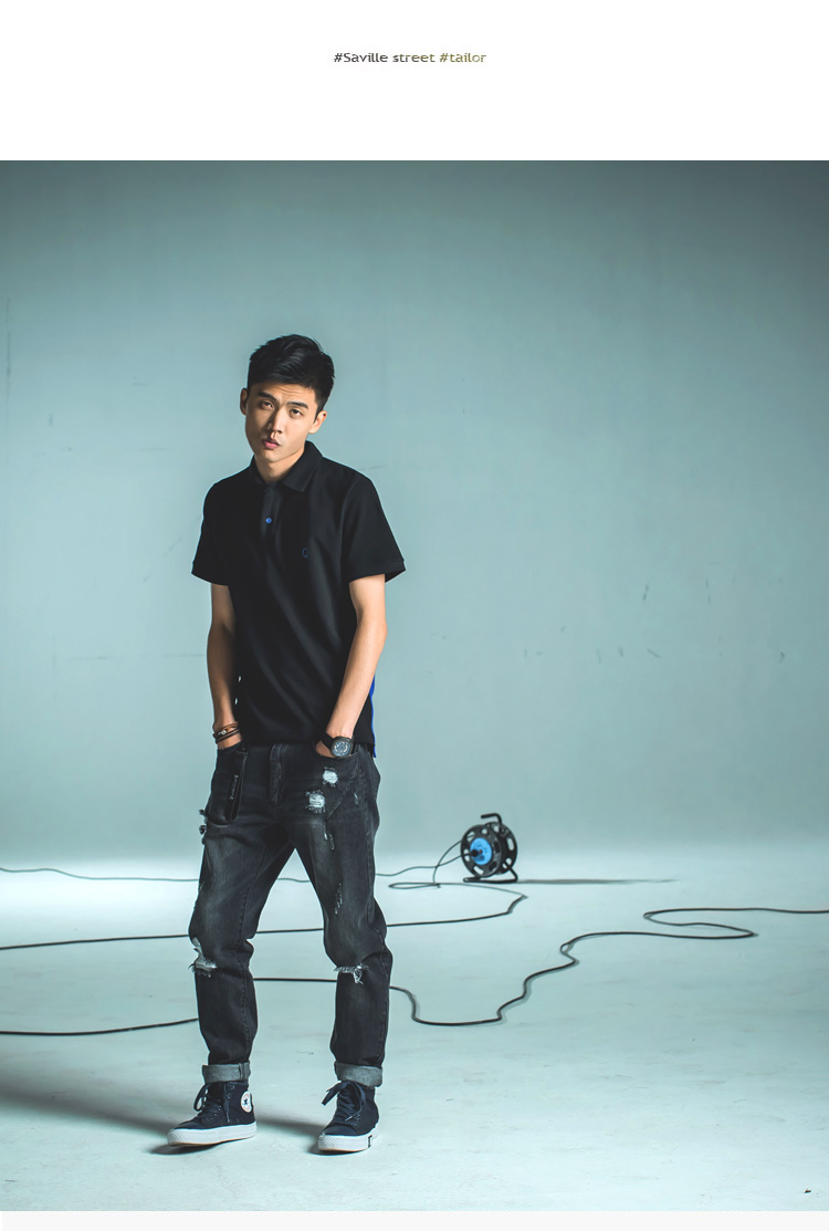 qma新款夏季男士高街港仔短袖t恤青少年修身拼接翻领pol