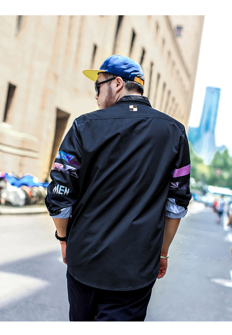 nmax大码男装潮牌春装新纯棉长袖衬衣撞色印花翻领加肥加大衬衫