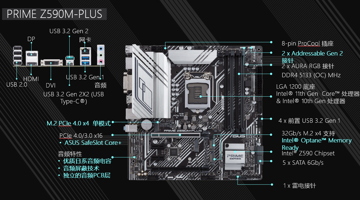 华硕asusprimez590mplus主板支持cpu10900k10700kintelz590lga1200