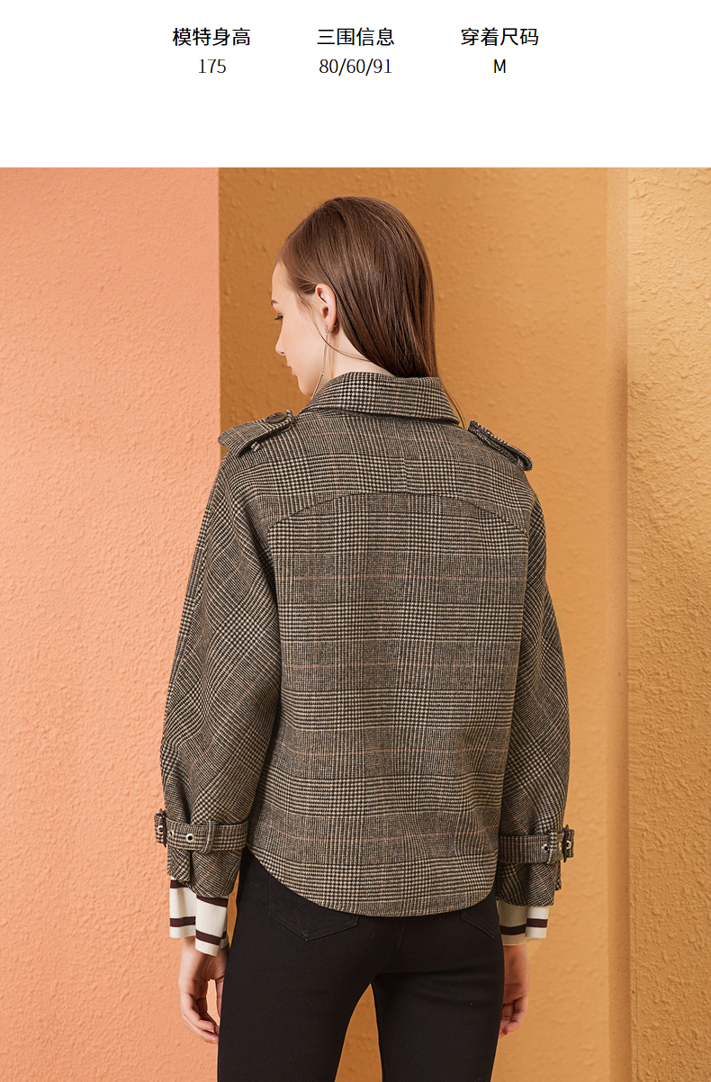 osa欧莎2018冬装复古格子英伦风风衣式短款双面呢毛呢外套女