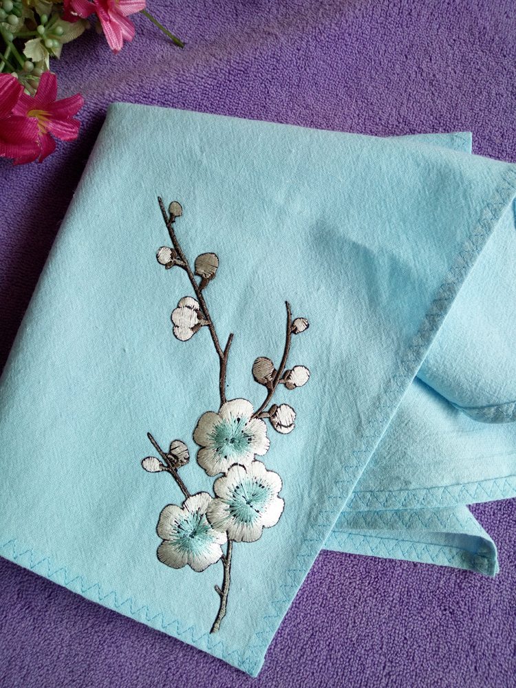 qma新款艳遇原创刺绣梅花水洗棉手帕女士方巾棉手绢实用茶巾擦手擦脸