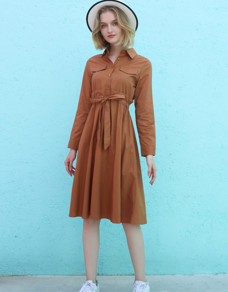 依尚街区时尚纯色连衣裙女2018秋季新款气质淑女长袖松紧腰a字裙