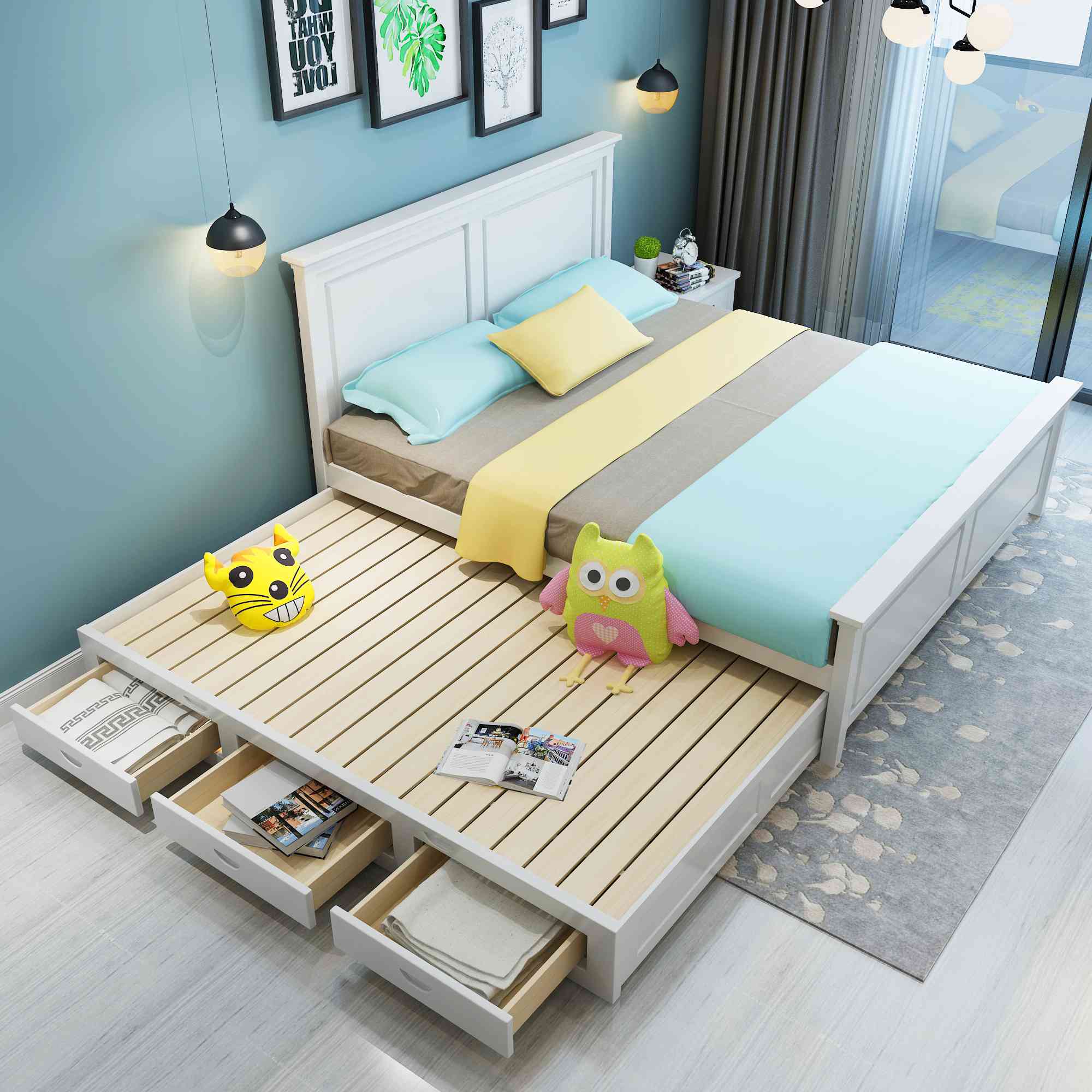 实木拖床子母床美式双人床1.8米成人抽拉床高箱储物床儿童单人床