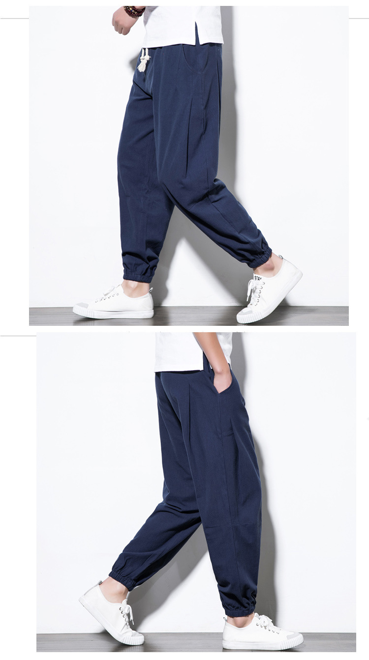 花花公子贵宾中国风萝卜裤亚麻运动裤男学生韩版宽松百搭小脚哈伦裤