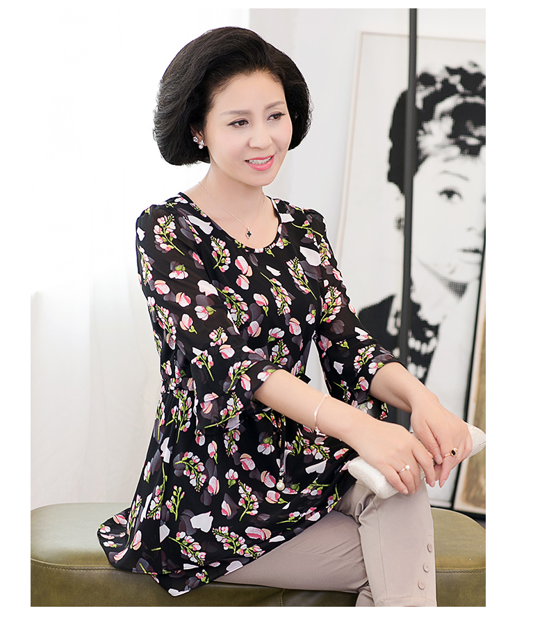 mtiny中老年女装夏装时尚半袖妈妈装雪纺衫宽松中年妇女t恤上衣4050岁