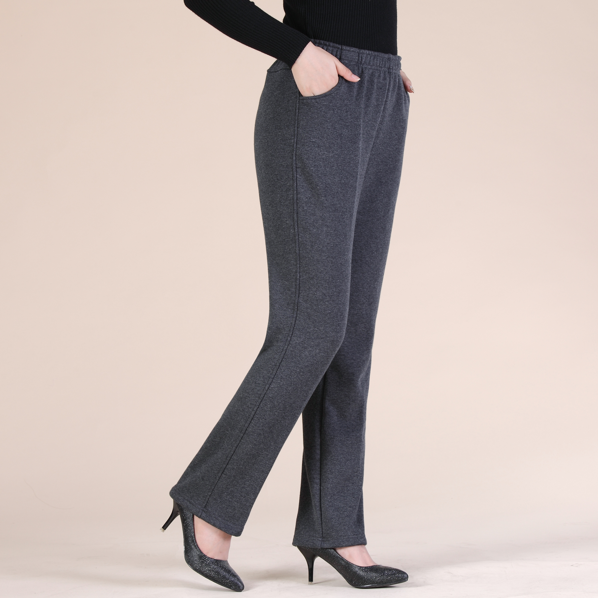 中老年人运动裤女加绒加厚秋冬妈妈装纯棉高腰卫裤宽松大码休闲裤