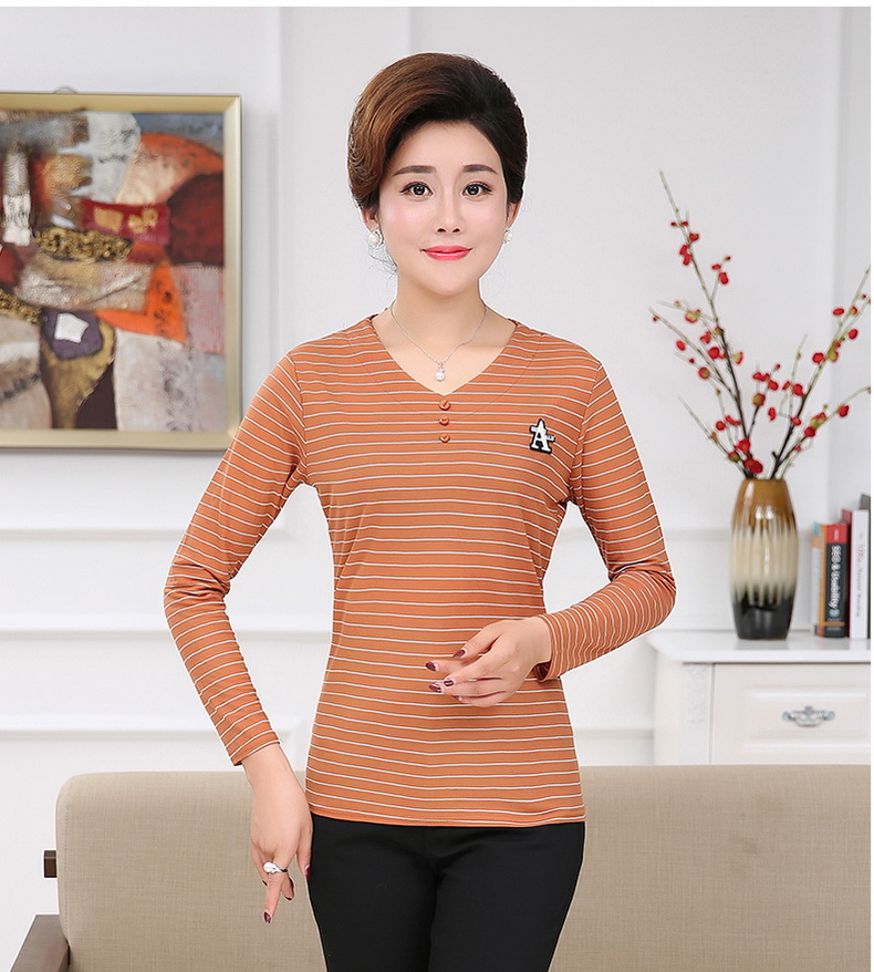洛芊秋衣女外穿条纹长袖妈妈装打底衫秋中老年上衣中年女装秋装t恤