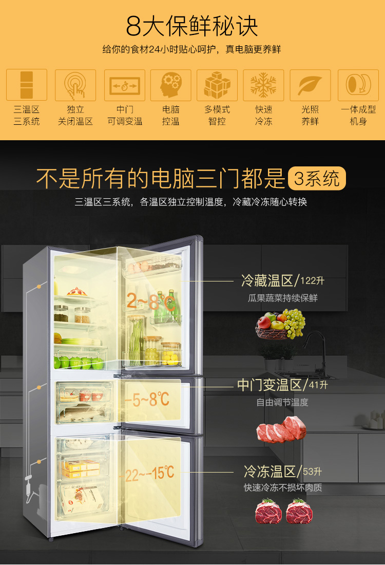 tcl冰箱 bcd-216tefc1 216升 三门冰箱 电脑温控 光照养鲜 独立三温区