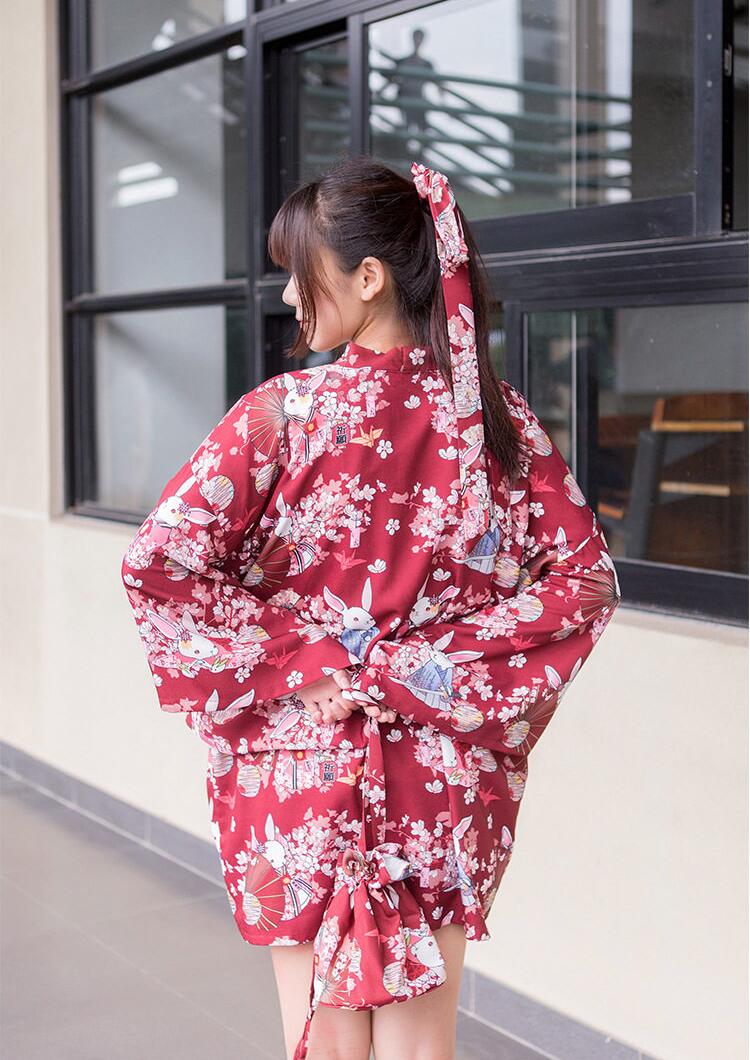 超级新品 qma新款桃花祈愿兔子日系开衫改良和服浴衣软妹日式和风羽织