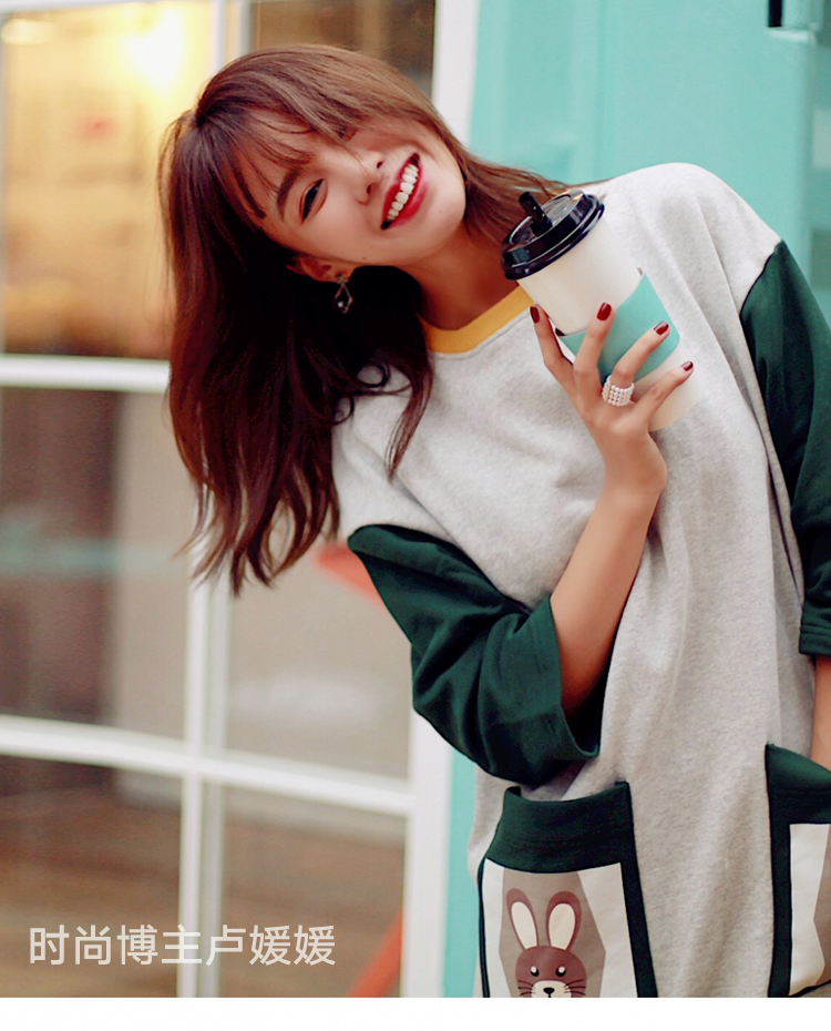 韩都衣舍2017韩版女装秋装新款宽松加绒七分袖连衣裙女ig6099侥