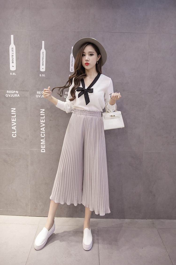 【新款2019】春夏季新款高腰雪纺裙裤百褶阔腿裤女装九分裤大码宽松