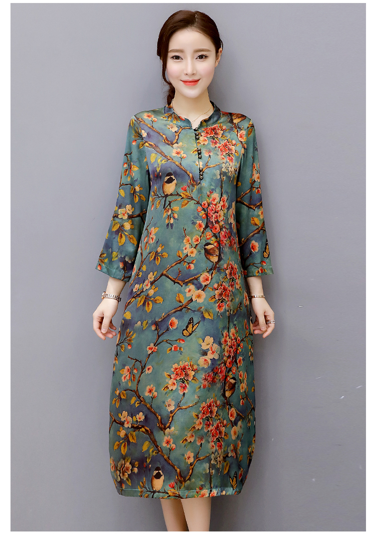 立领复古印花中长款春秋桑蚕丝连衣裙a字裙宽松显瘦真丝裙大码女装胖