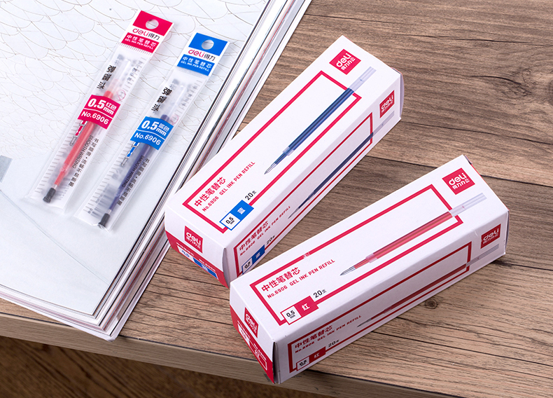 得力deli6906中性笔芯替芯蓝色05mm按压笔芯学生文具20支整盒