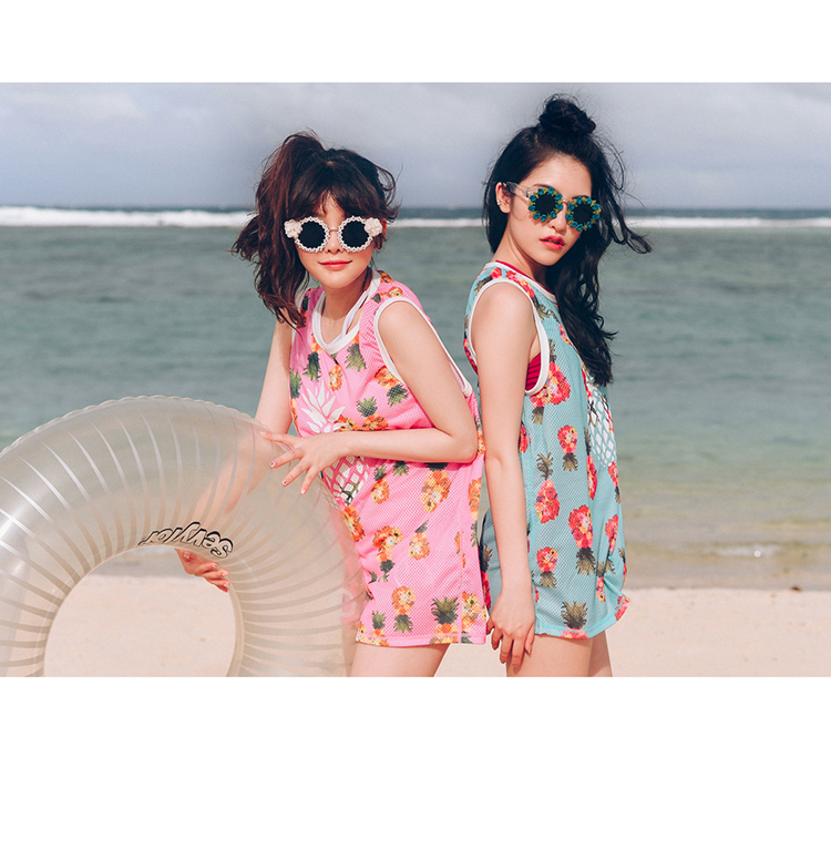 韩版新款比基尼罩衫三件套菠萝甜美可爱泳衣女沙滩装闺蜜款泳装