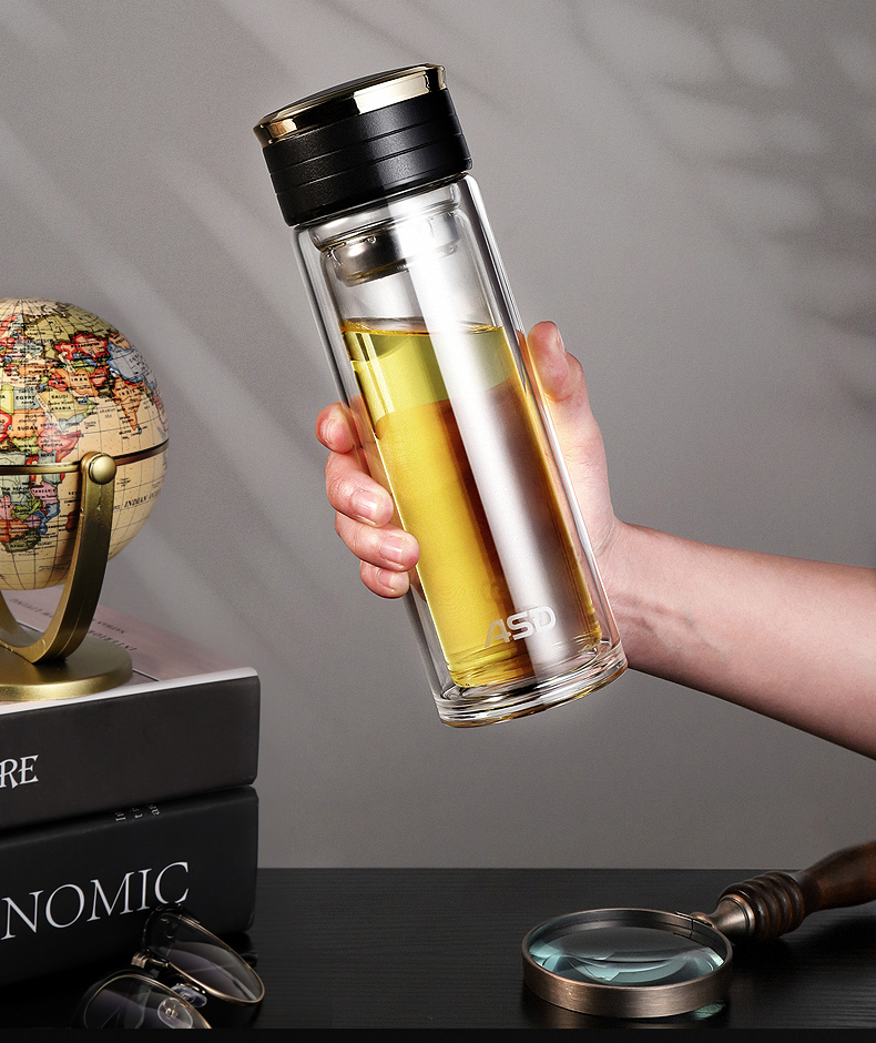 爱仕达asd双层玻璃杯便携水杯男士大容量商务办公泡茶杯子过滤带盖金