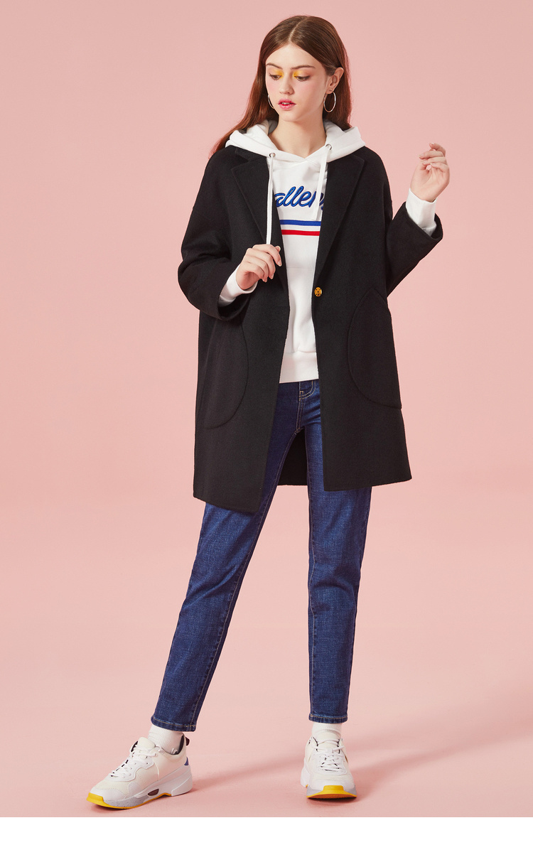 semir森马毛呢外套女冬季中长款韩版双面呢羊毛大衣学生翻领