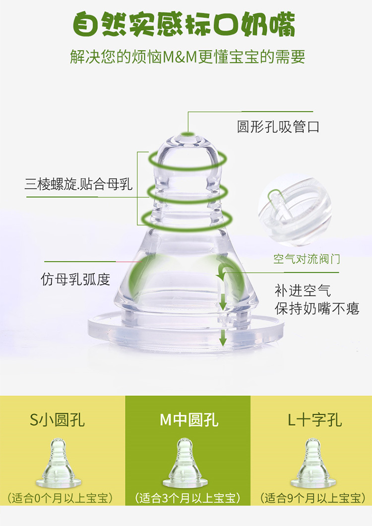 M&M弧形玻璃奶瓶经典系列（240ml标口）适用年龄0-3岁