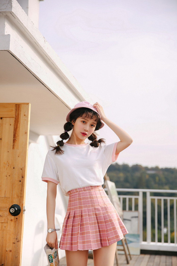 粉色格子百褶裙女夏季2018新款文艺范a字显瘦高腰短裙学生半身裙