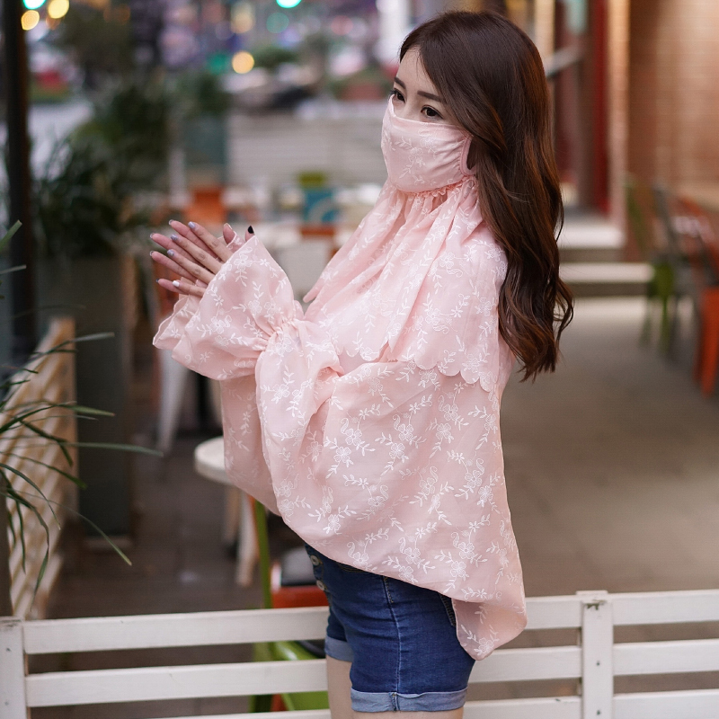 mtiny全方位防护夏季女防晒长手套口罩雪纺女骑行开车护脸胳膊两件套