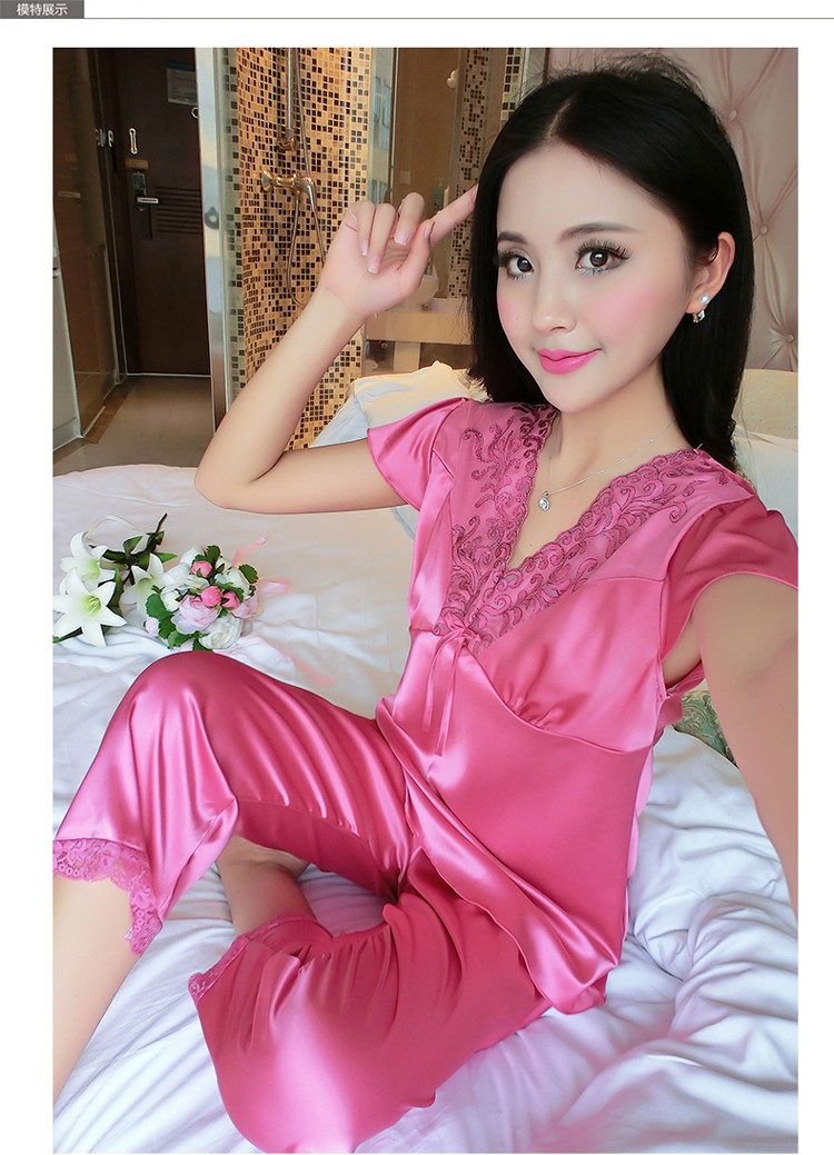 睡衣女夏季新品丝质睡衣宽松v领花边纯色七分裤家居服套装