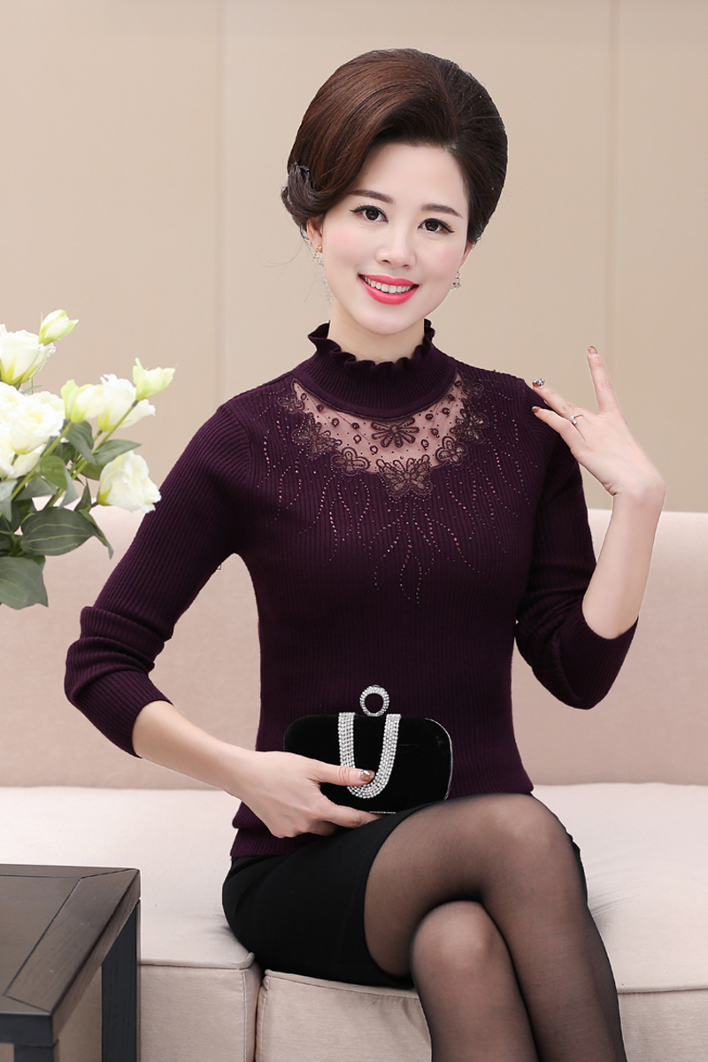 薇姬桑妮中年女装妈妈秋装烫钻镂空性感套头毛衣长袖半高领针织打底衫