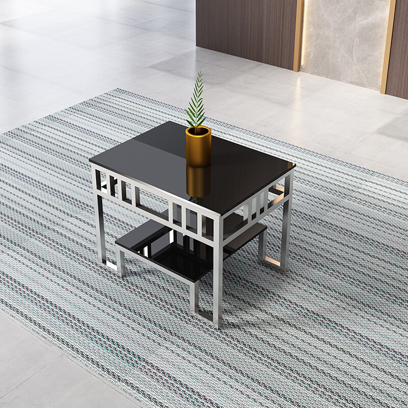 正方形现代简约不锈钢钢化玻璃茶几客厅茶艺办公接待会客沙发茶几桌