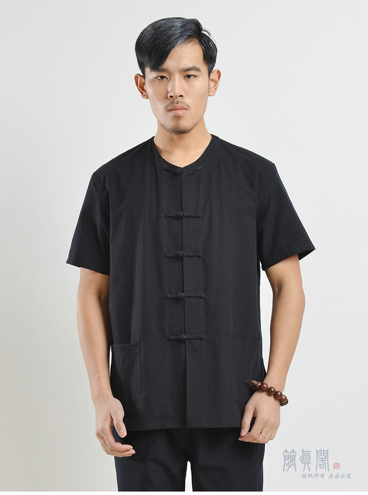 无领唐装男短袖衬衫复古中国风盘扣夏装上衣民族风中老年汗衫黑色2xl