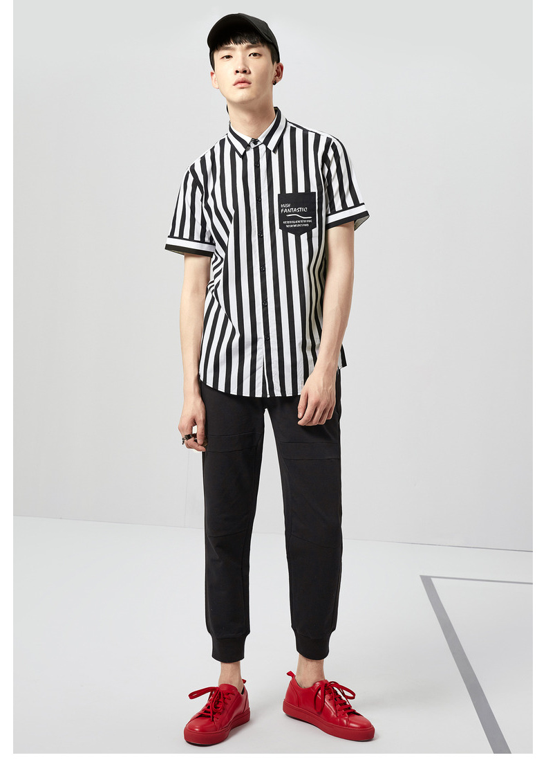 gxgjeans男装夏季休闲个性竖条纹短袖衬衫