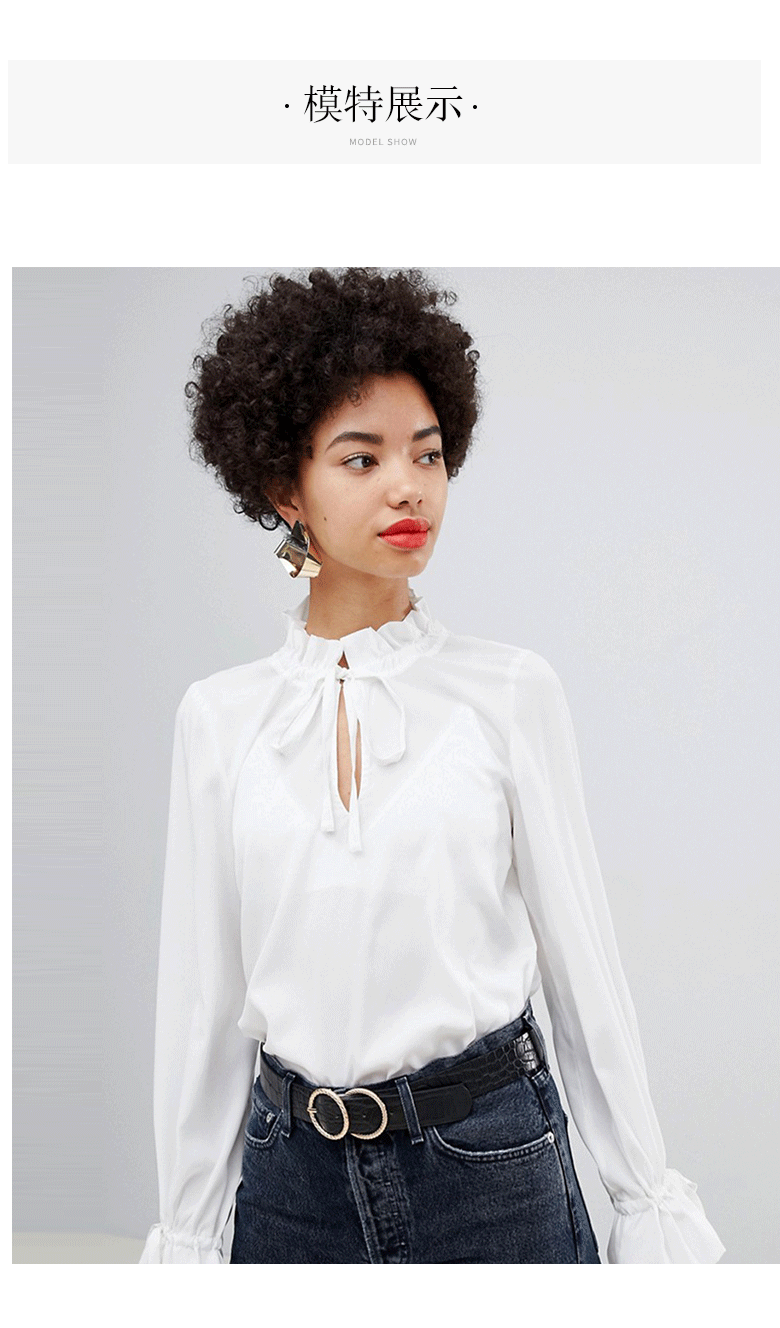 春季新款欧式简约款甜美喇叭袖风荷叶领镂空蝴蝶系带长袖套头女士衬衫