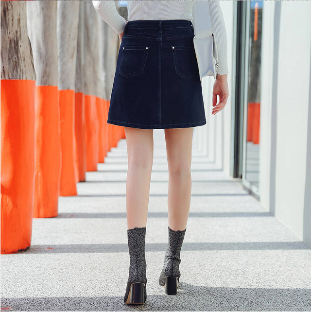 拉夏贝尔lachapelle秋短牛仔裙小a裙深牛仔蓝