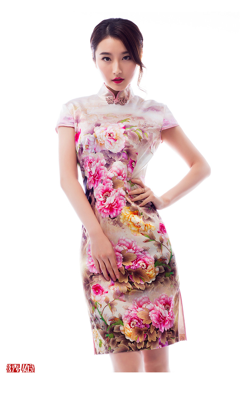 绣娘丝绸绽放牡丹旗袍苏州桑蚕丝旗袍连衣裙日常中国风短款显瘦