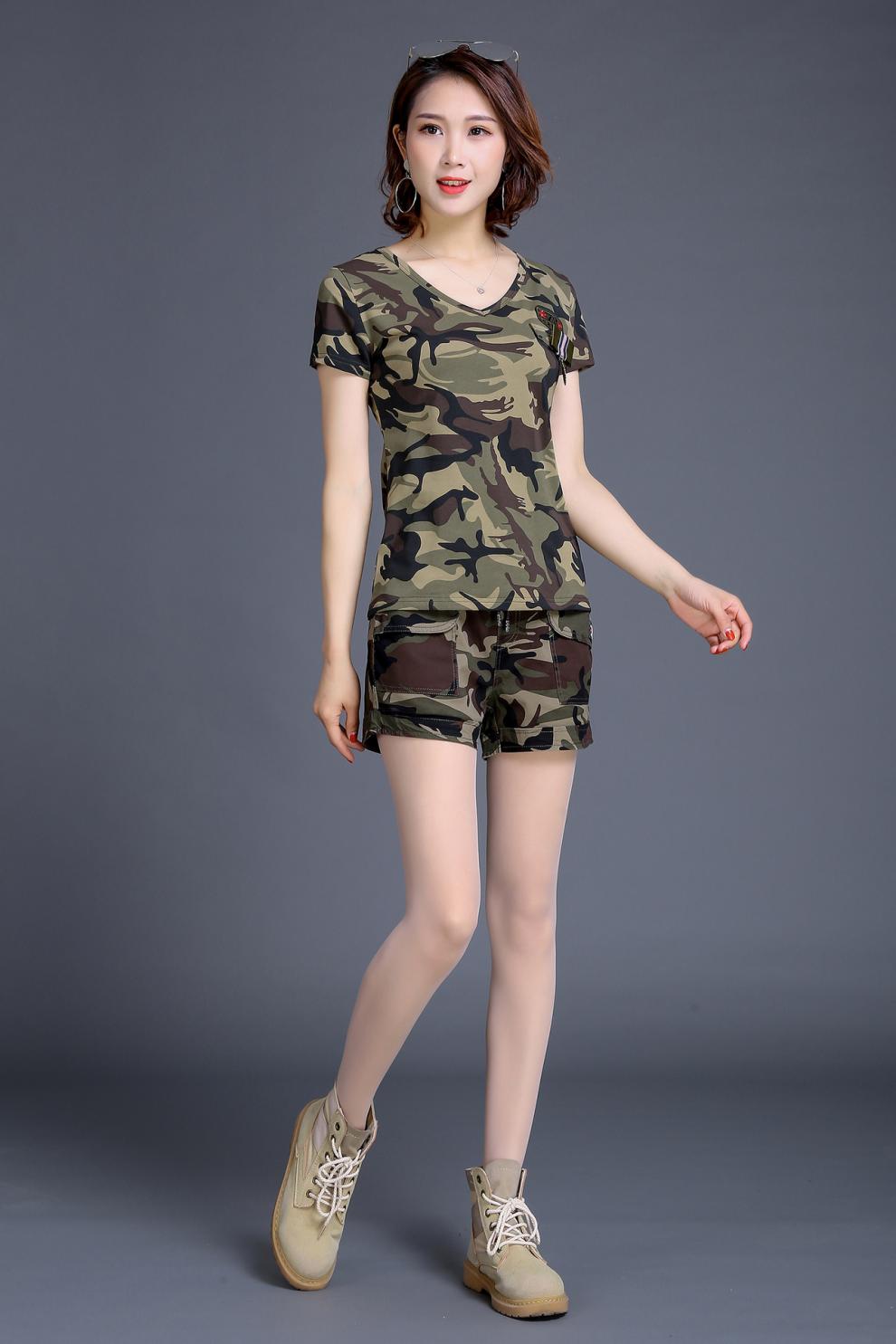 hoscene水兵舞服迷彩服套装女圆领短袖女军迷户外迷彩短裤短袖t恤套装