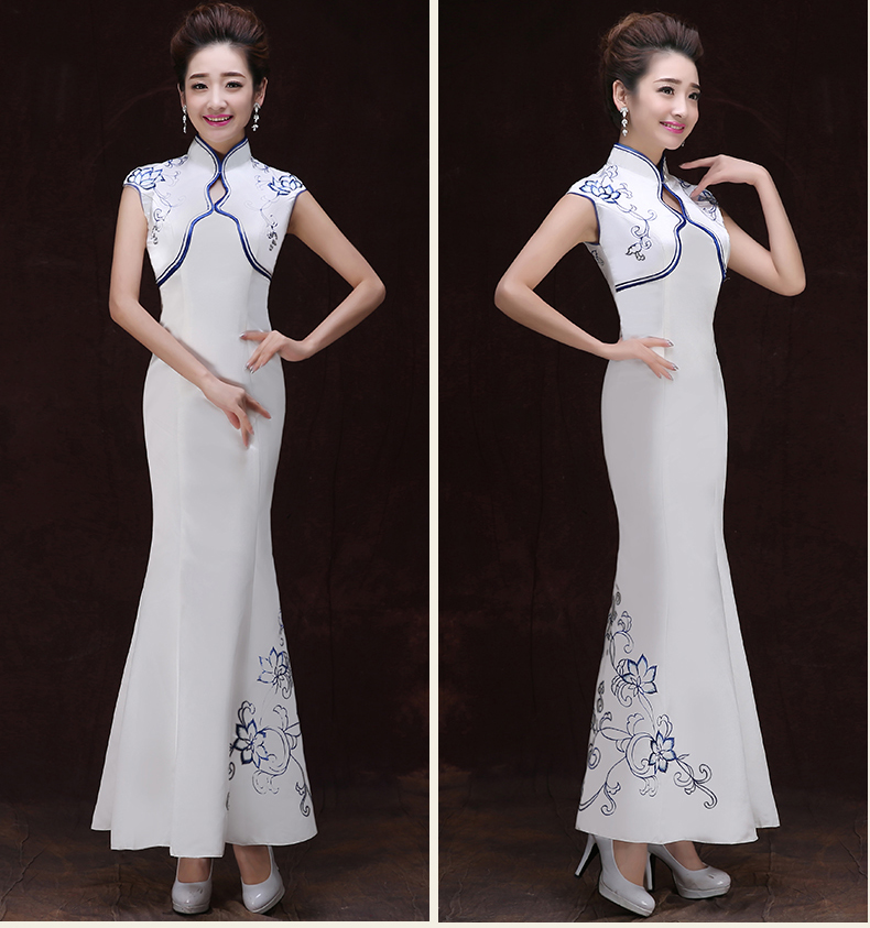 902新款礼仪小姐服装青花瓷奥运旗袍礼服 演出绣花旗袍 礼仪旗袍迎宾