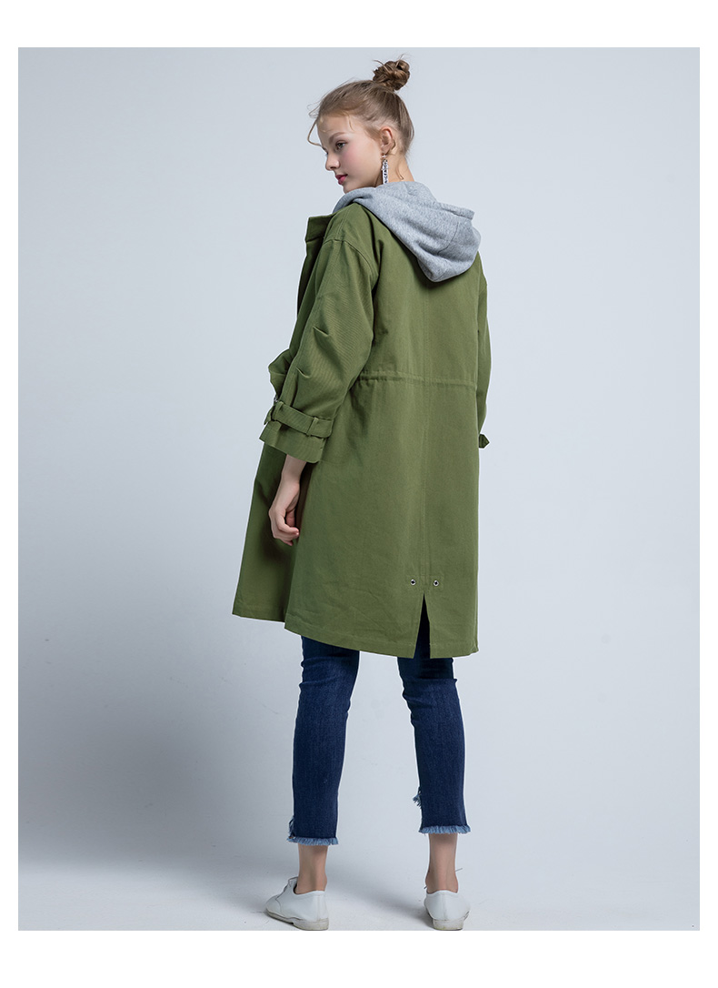 lagogo新品军绿色连帽抽绳风衣女宽松中长款外套