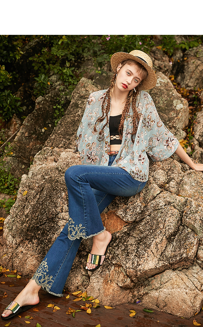 超级新品 裂帛2019夏季新款脚口金色刺绣文艺风百搭街头舒适微喇牛仔