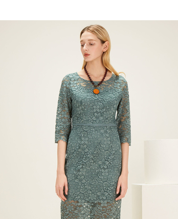 商场同款欧柏兰奴新款圆领蕾丝五分袖收腰连衣裙一步裙中长款女